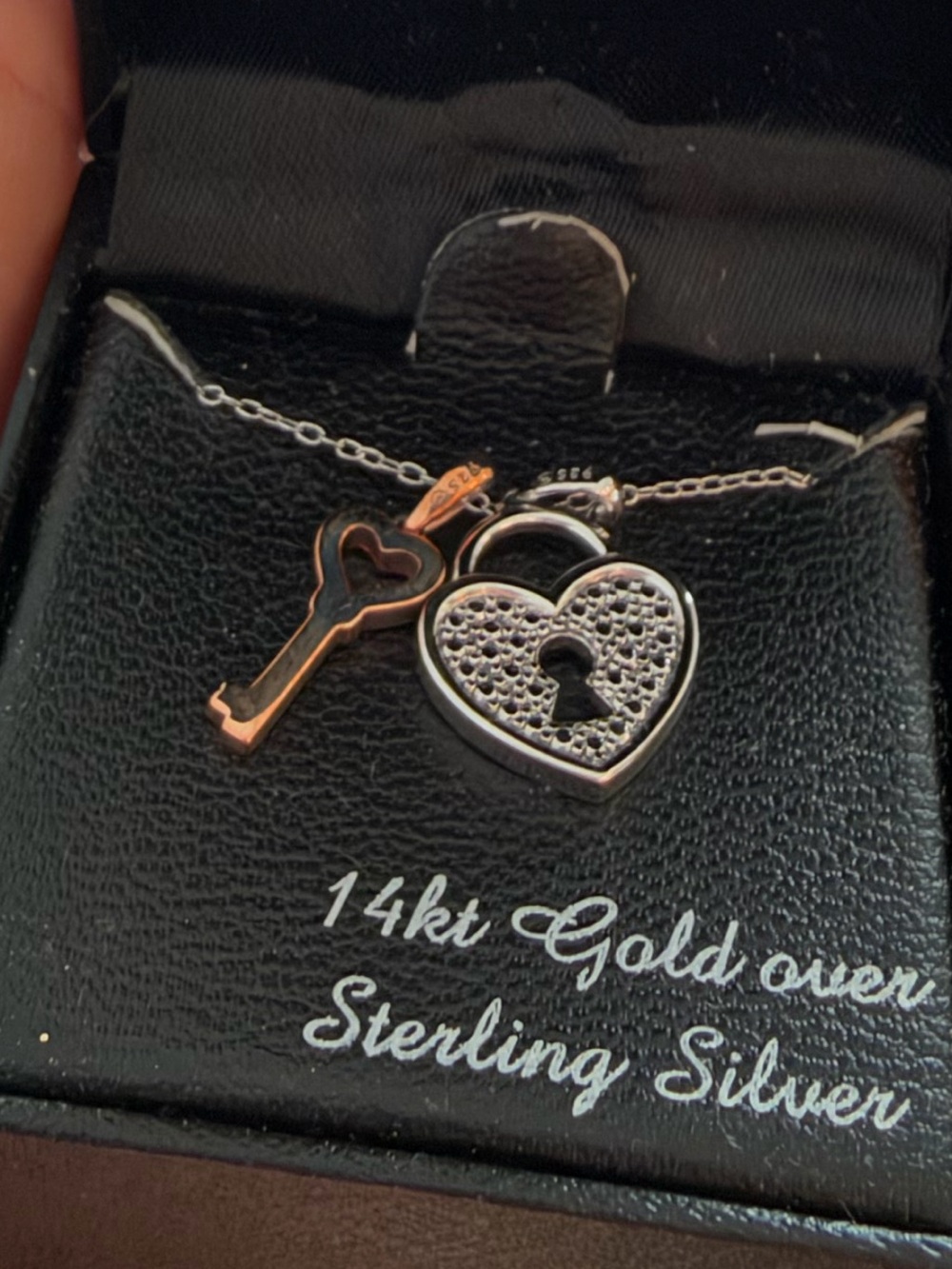 14kt Gold Over Sterling Silver Heart Lock & Key Necklace - Rose & Silver
